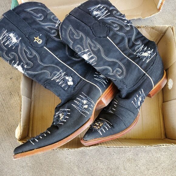 Los Altos Black Denim Embroidered Cowboy Western Boots Size 10 main image 8